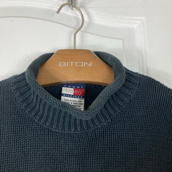 Vintage TOMMY HILFIGER Sweater Men M Stripe Navy Yellow Logo-Crest Thick Knit - Picture 5 of 8
